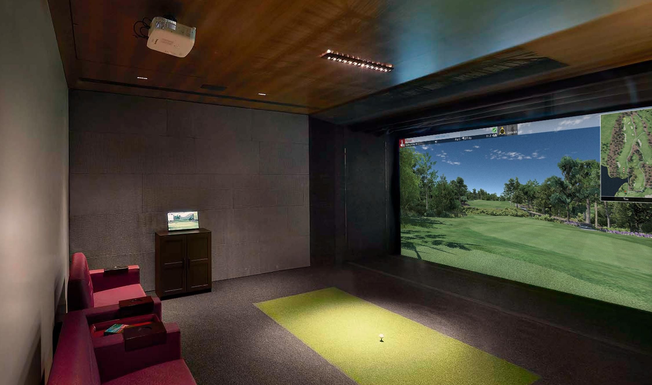 Indoor golf simulator setup with a large screen, golf clubs, and a putting green area.